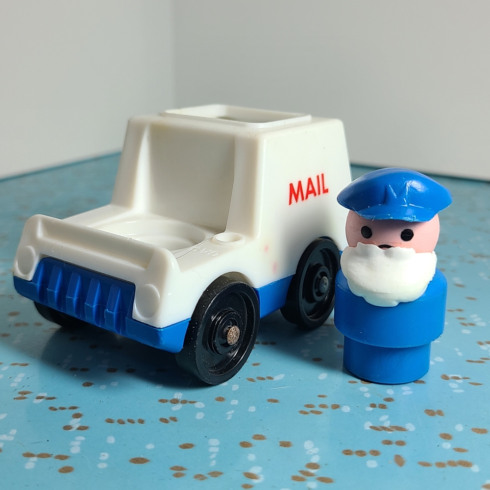 2pc Rare Vintage 80s Fisher-Price Little People Mailman Beard & Mail Truck